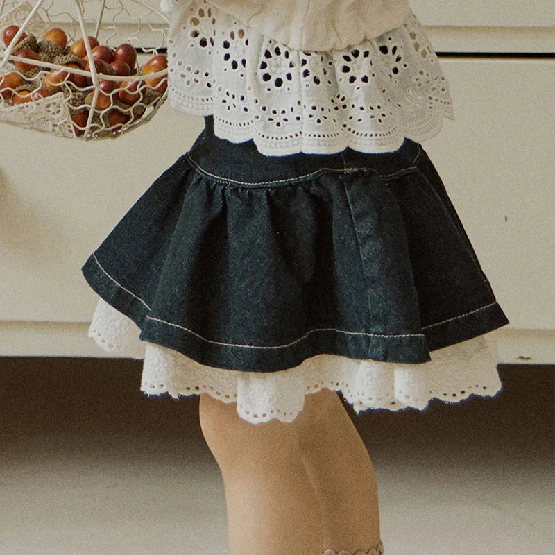 

Girls Summer Dress Kids Fashion Denim skirt with western lace for girls children Skirt Casual Elastic Waist Mini Skirt Bottoms