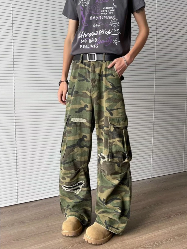 

American Retro Camouflage Work Pants Men's Trendy High Street Cleanfit Multiple kets Loose Wide Leg Pants Casual Trousers