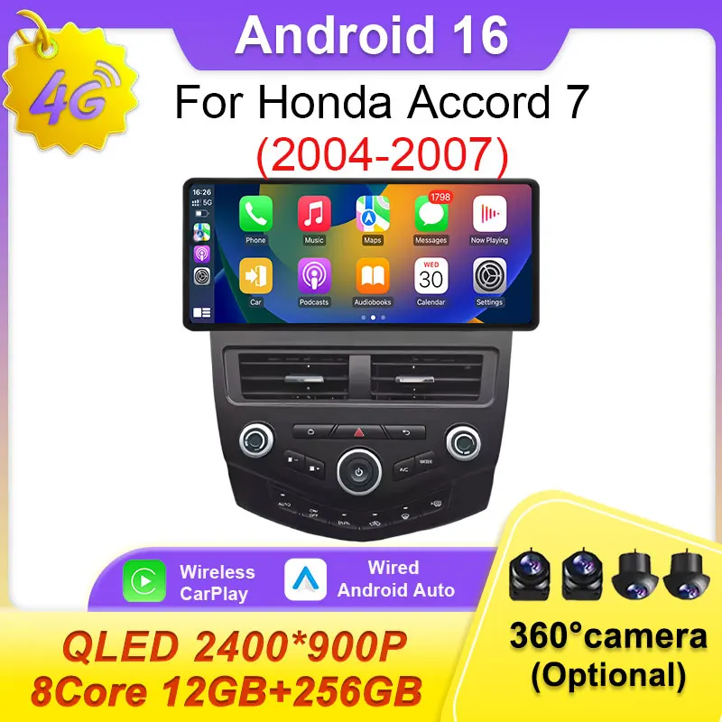 Radio para Auto con Carplay Inalámbrico de 12.3 Pulgadas para Honda Accord 7 2004-2007, Reproductor de Video BT, Android 16, 2K, Auto 4G, GPS, Navegador, Multimedia