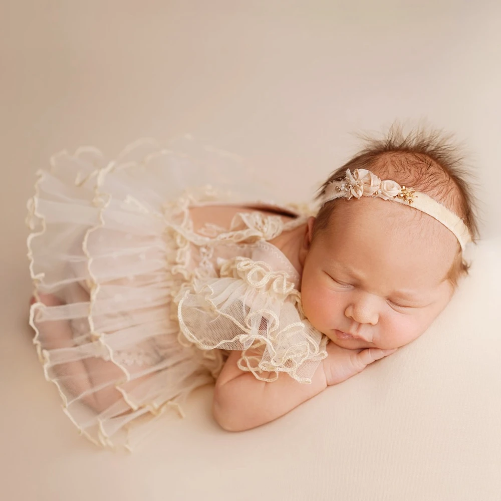 Infant Photo Shoot Outfits Lace Tutu Romper Newborn Beige Tulle Bodysuit Baby Photography Clothes Newborn Photoshoot Tutu Dress