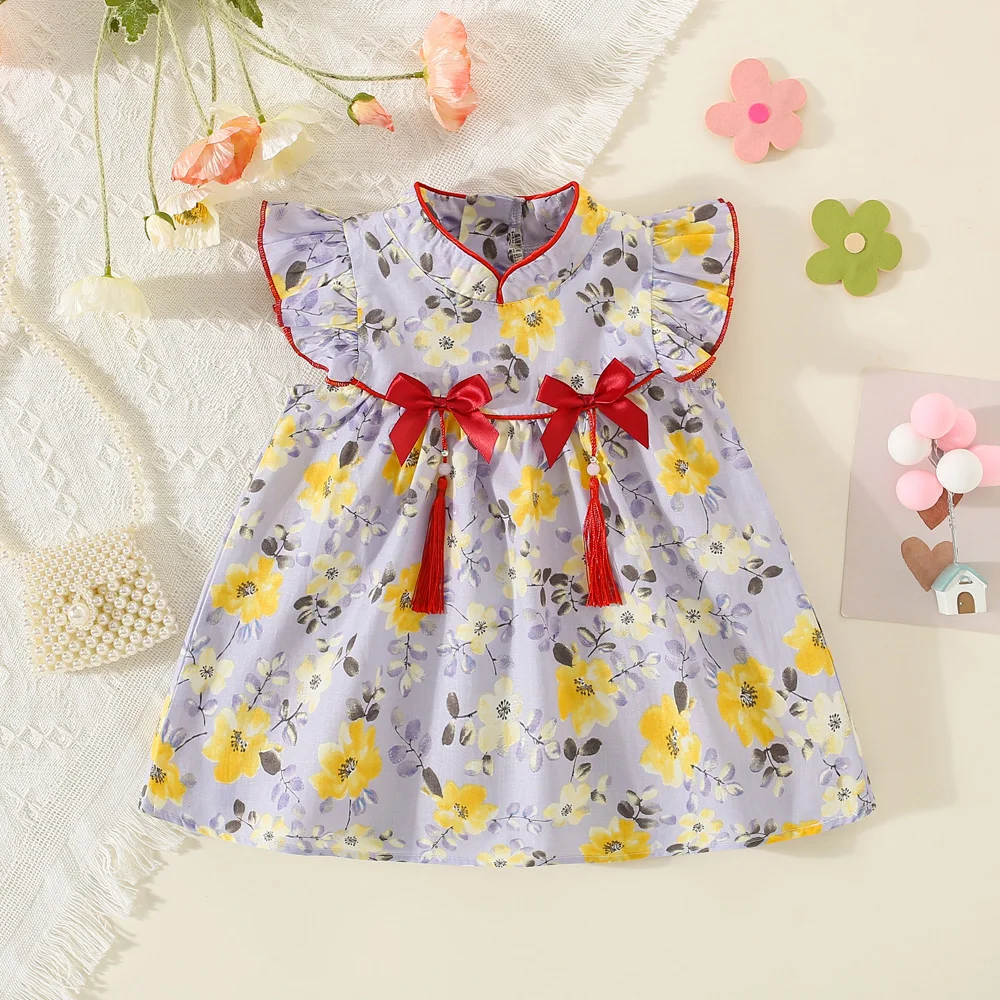 Summer Baby Newborn Cotton Little Flying Sleeve Dress Girl Stand up Collar Cute Printed One Year Birthday Cheongsam Dress