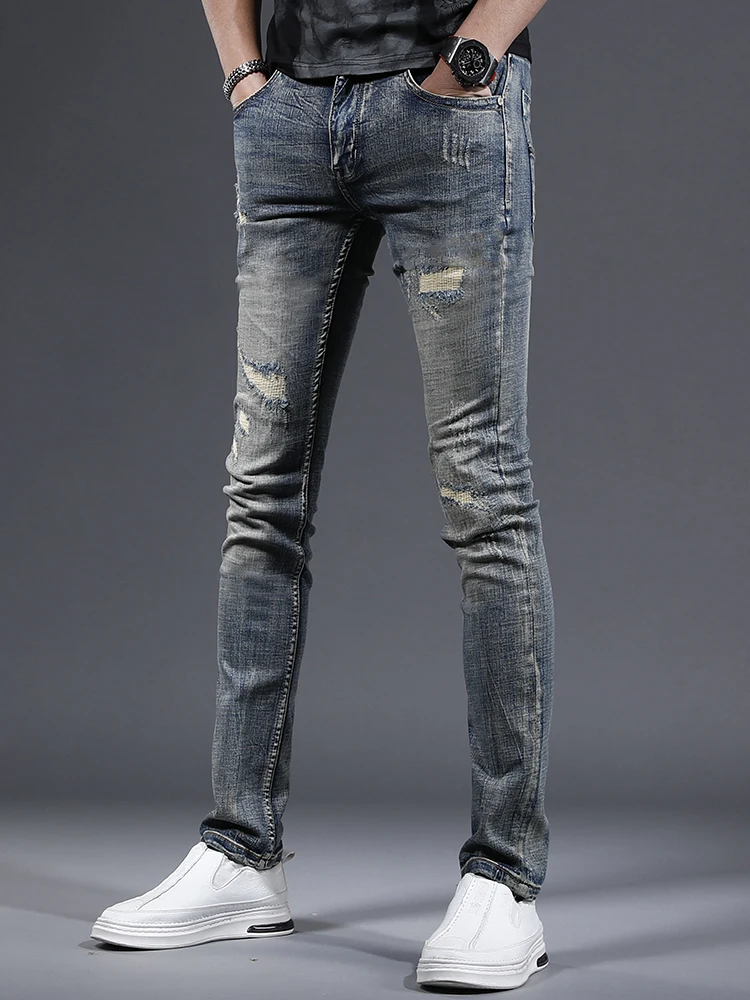 Retro Amerikaanse Blue Hole Herenjeans Jeugd Slim Fit Lente Nieuwe Sle Katoen Polyester Blend Elastische Vezel Ritssluiting