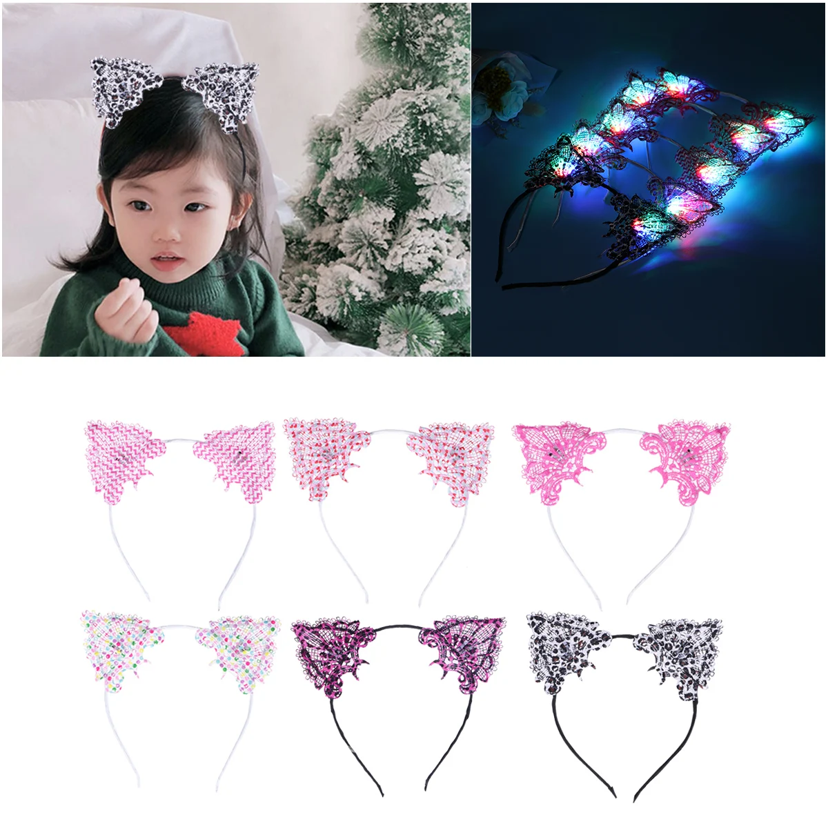 

4PCS Glowing Cat Ear Head Hoop Lighted Lace Hair Band Party Christmas Luminous Accessories Non Fading Fit Adults Children