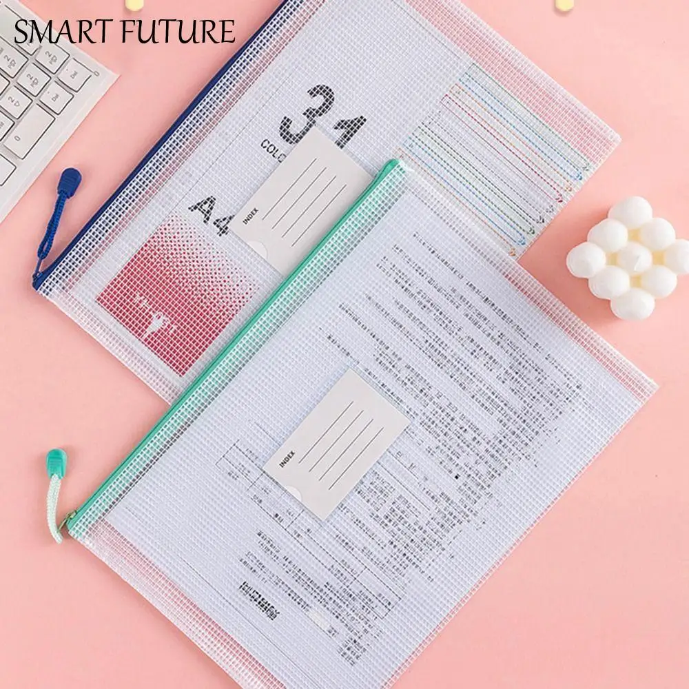 حقيبة ملفات شبكية محمولة من مادة PVC مقاس A4، حقيبة معلومات بسحاب سميك، حافظة ملفات شفافة مقاومة للماء للطلاب