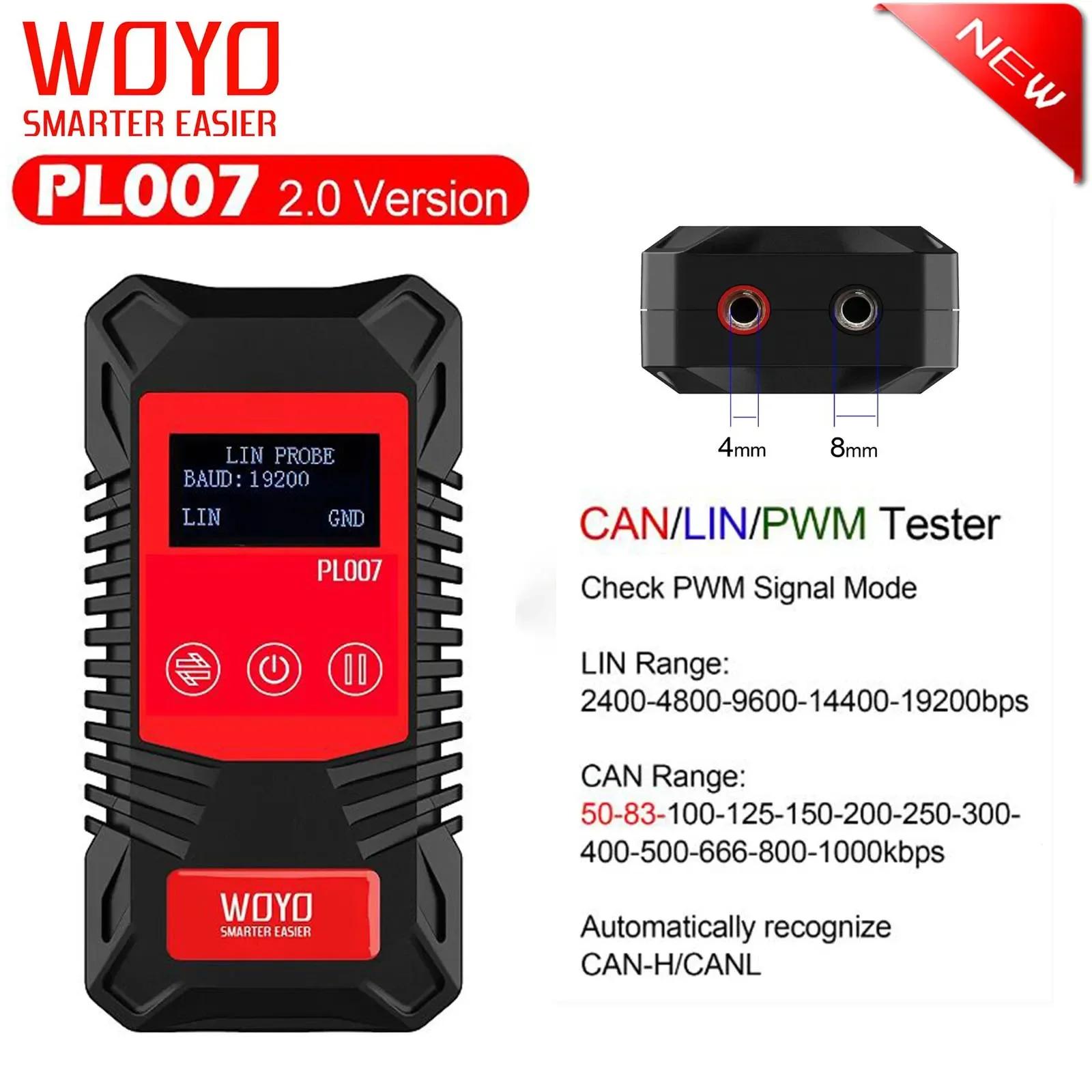 WOYO PL007 CAN LIN PWM Tester Auto-recognize CAN-H & CAN-L PWM Digital Measuring Instrument Read Baud Rate Car Diagnostic Tool