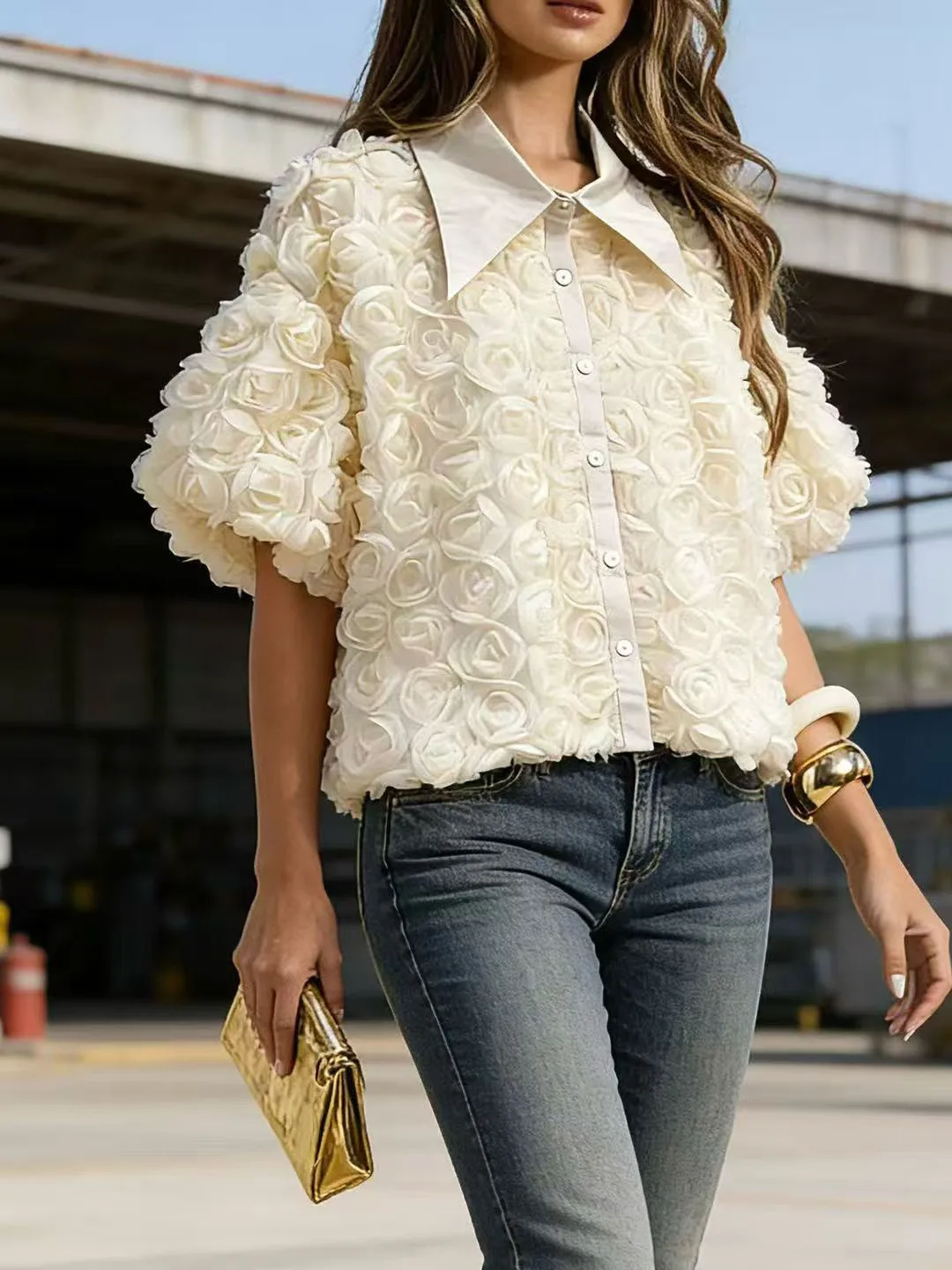 

Модная женская рубашка с коротким рукавом и отложным воротником, стильный топ в корейском стиле, свободный крой, с пуговицами и декоративными вставками