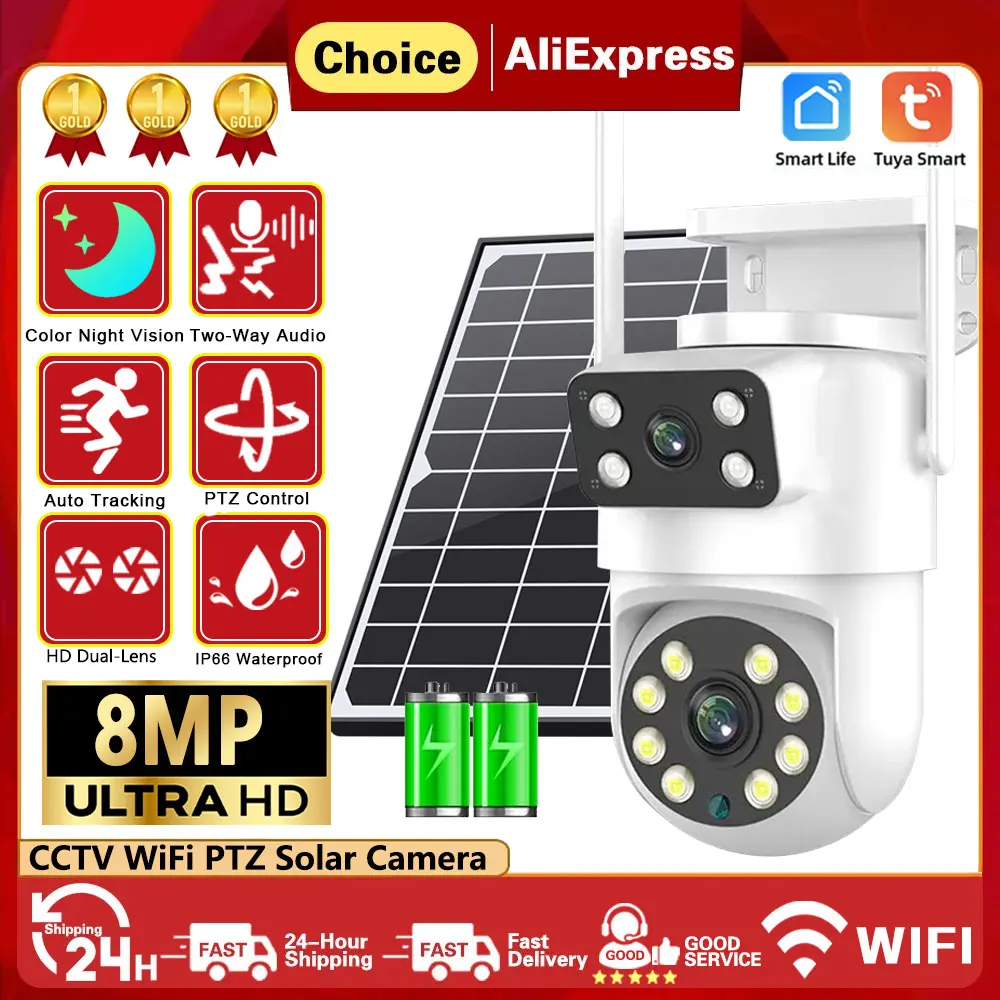 8MP 4K Solar Wirelesss IP Camera With 7800 mAh Battery Outdoor HD 4MP Dual Lens WiFi Camara Solar Panel CCTV Security tuya App