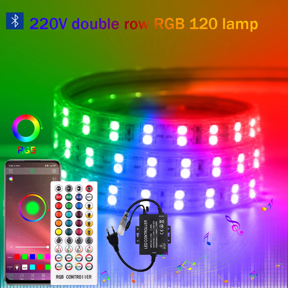 더블 행 RGB 5050 LED 스트립 라이트, 블루투스 앱 원격 제어 AC220V 120LEDs/m RGB 테이프 방수 LED 리본 홈 장식