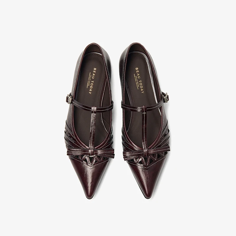 BEAUTODAY Leather Flats Women Cow Leather Bowknot Decoration Pointed Toe Buckle Strap Ladies Mary Jane Shoes Handmade 18608