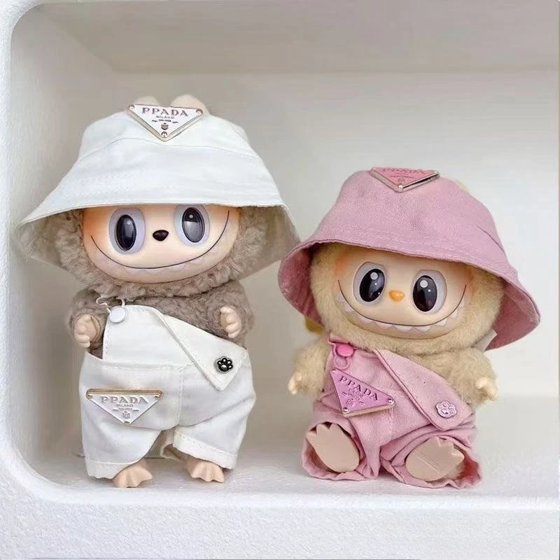 15/17 センチメートル LabubuMini 人形服漁師帽子オーバーオール高級セット Labubu 3.0 服デザイナー衣装 DIY 人形アクセサリー