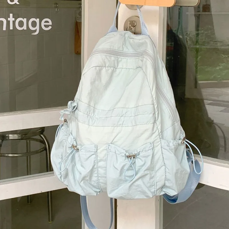 

Korea Lightweight Nylon Backpack Women Japan Fashion Drawstring Student Solid Schoolbag Casual Pleated Leisure Travel Backpack