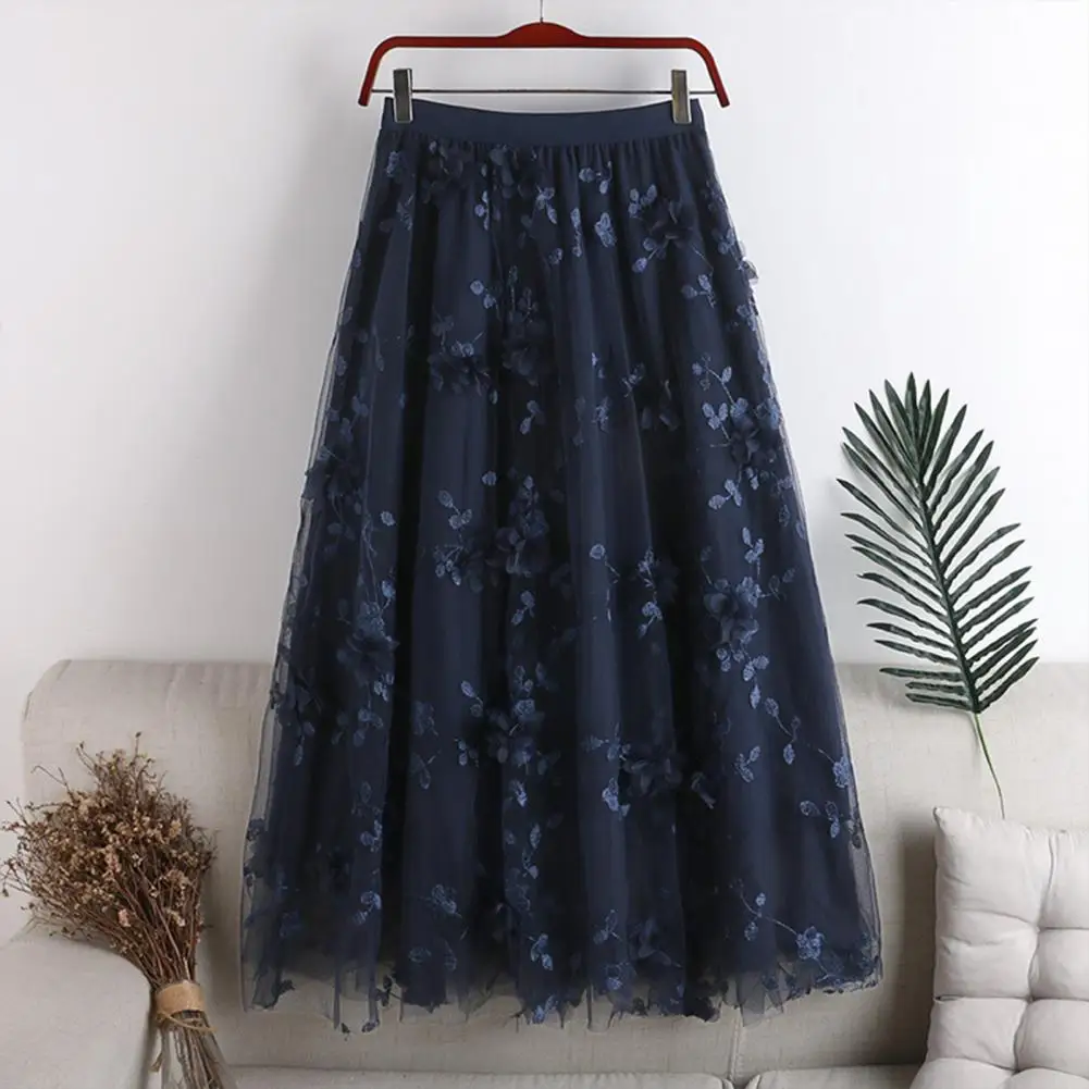 Rok Midi pinggang tinggi untuk wanita, Rok Midi pinggang tinggi tiga dimensi bahan Tule, Rok Midi motif bunga bordir jaring dengan kain Tule berlapis ganda