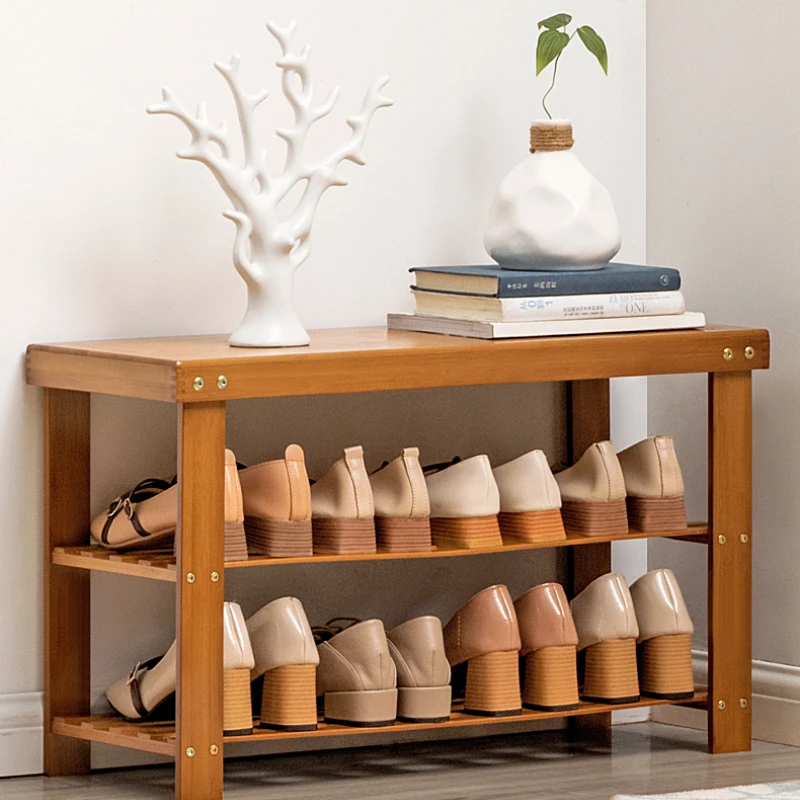 

Bamboo Shoe Organizer Rack Simple Change Shoes Bench with Entryway Storage Cabinet Multifunctional Wooden Seat for Hallways