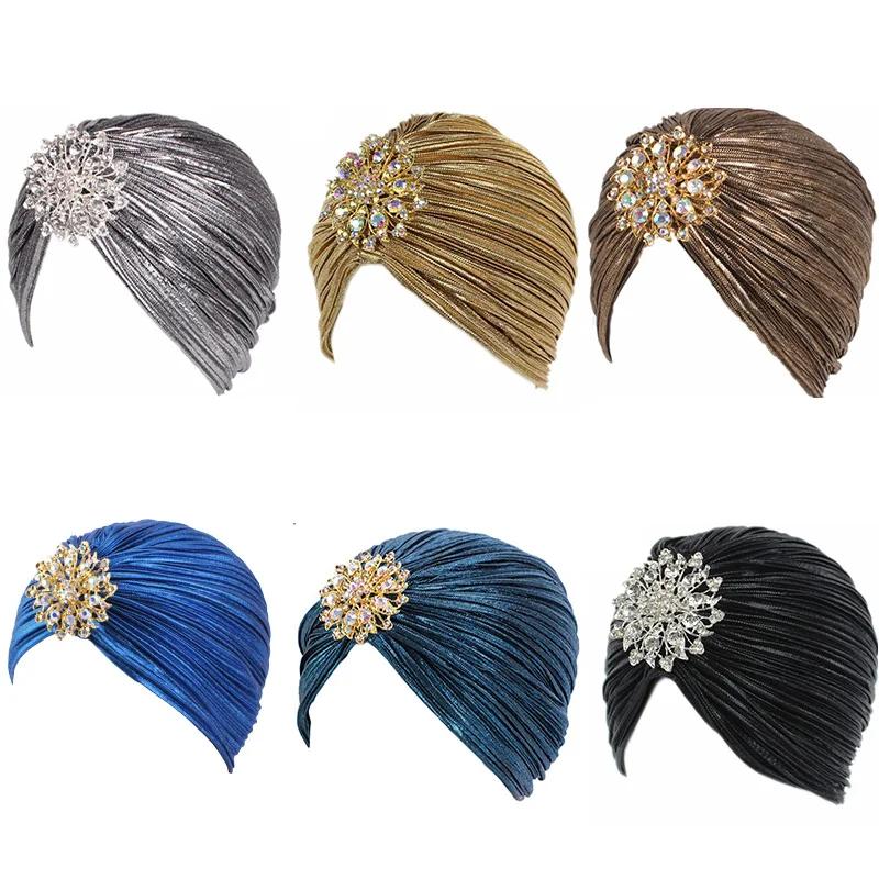 New Women Gold Silver Diamond Jewel Turban Hats Chemo Bandana Hijab Pleated Indian Cap Turbante Hat Ladies Hair Accessories Hat