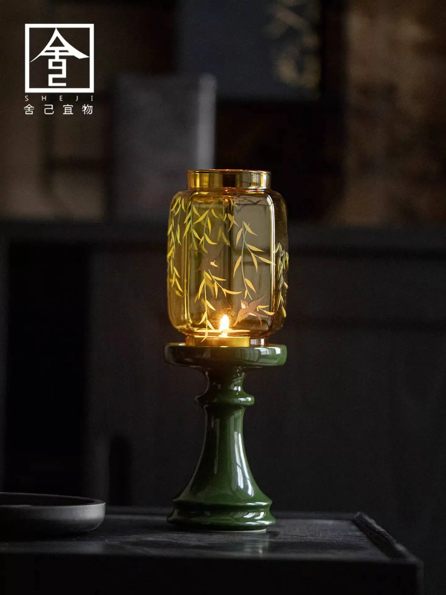 Chinese Zen-Style Willow Swallow Springtime Candlestick, Ming And Qing Dynasty Home-Use Emerald Candle Holder, Tea Room, Antique