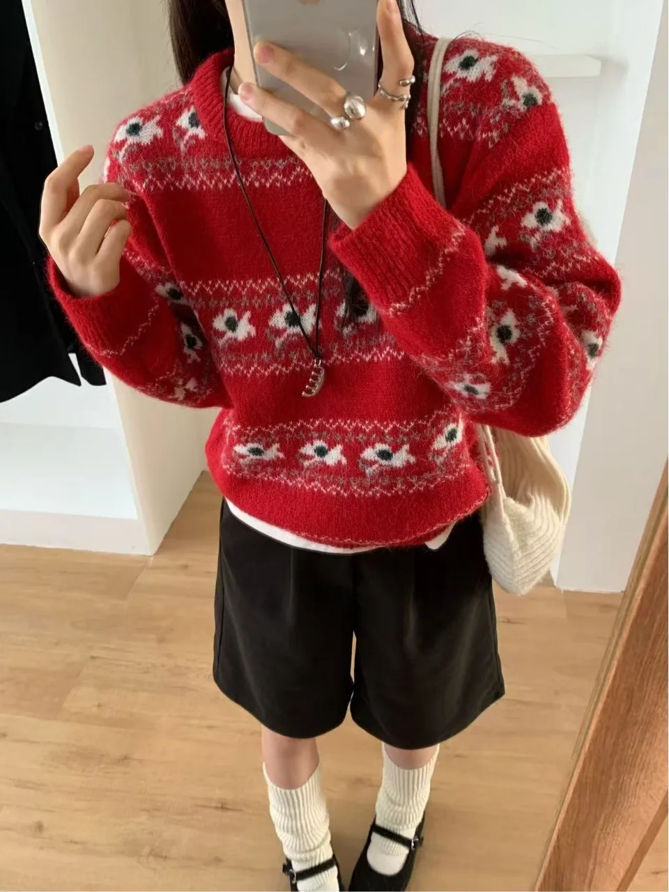 

Retro Sle Fair Isle Loose Knitted Red Cisas Sweater Women's Autumn Winter Lazy Sle Slimming Trendy Sweater