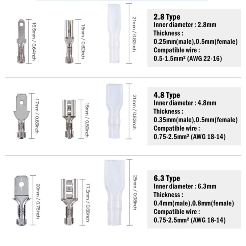 120pcs Box-Packed,Gold/Silver Crimp Terminal,Female 2.8/4.8/6.3mm No Male,Wire Connector,Electrical Terminals