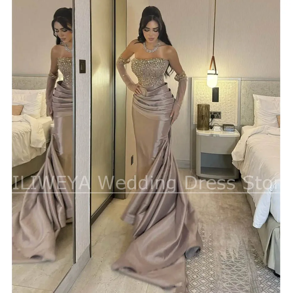 Robe de soirée de forme sirène, tenue de soirée plissée, sans bretelles, avec perles, taille froncée, avec traîne de balayage, à la mode