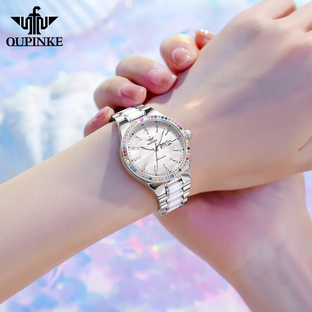 OUPINKE Mechanical Watch for Women Stainless steel Ceramic Strap Sapphire Mirror Waterproof Luminous Calendar Week Ladies Watch