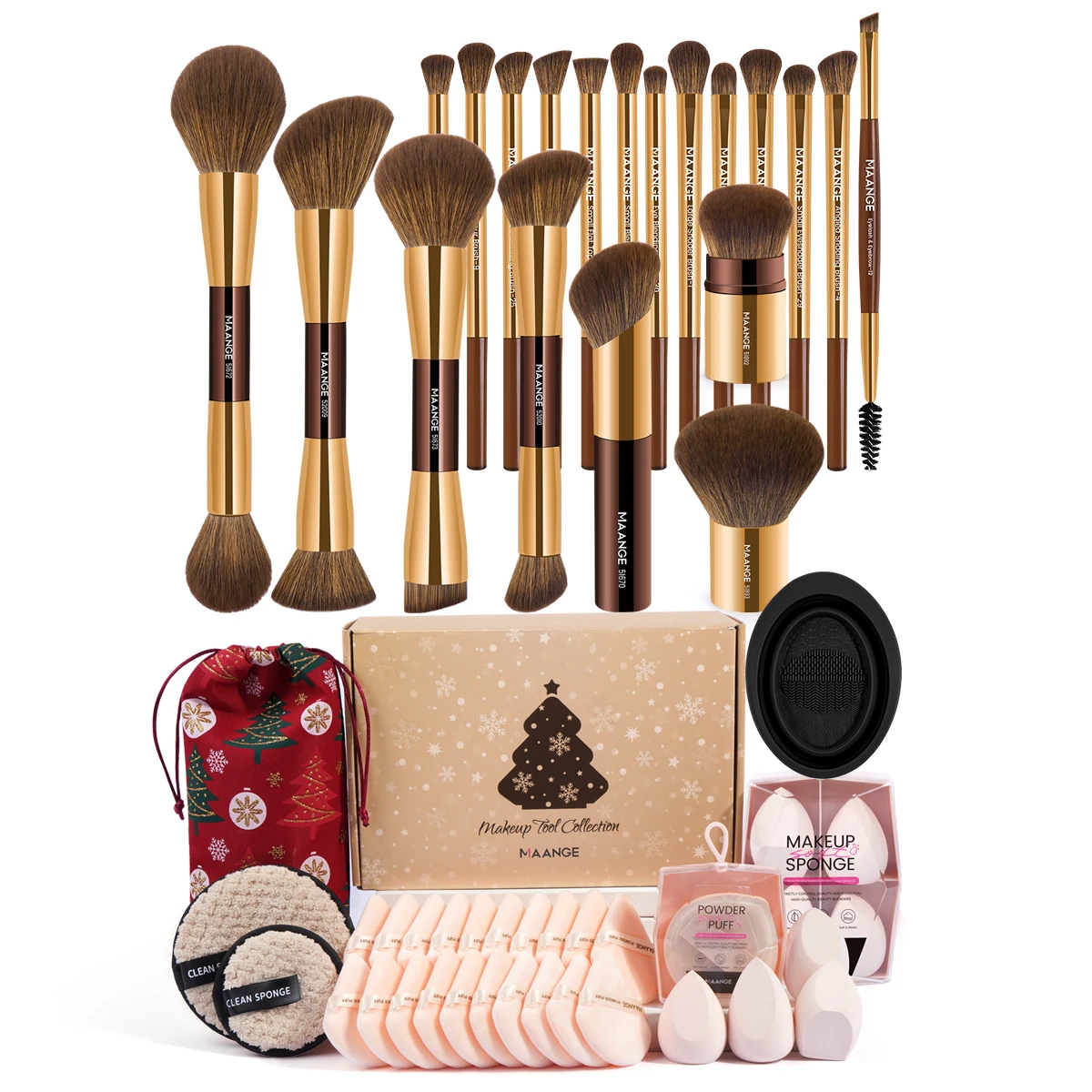 MAANGE 50 szt. Zestaw narzędzi do makijażu 20 szt. Pędzle do podkładu i cieni do powiek 27 szt. Zestaw puszek do pudru z miseczką do czyszczenia, torbą na pędzle, prezent do makijażu