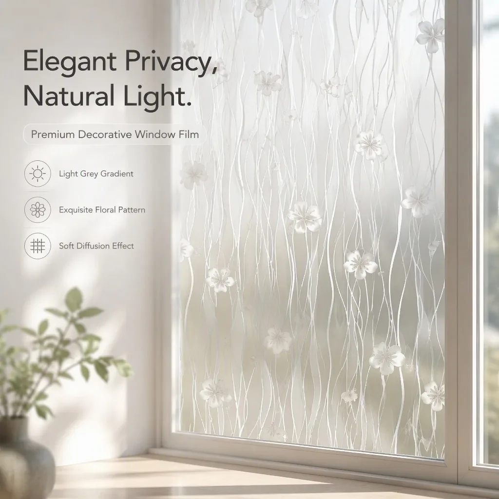 Floral Pattern Privacy Window Film Static Cling Frosted Gradient Decorative Sticker Non-Adhesive for Bathroom Bedroom