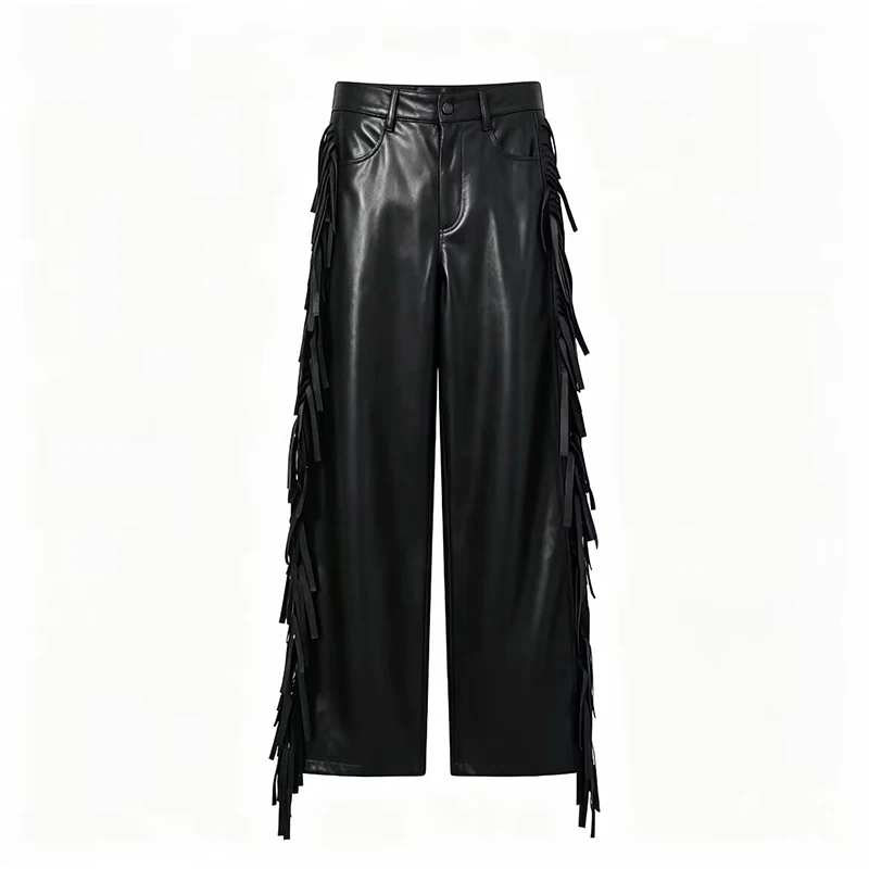 YENKYE  New 2026 Women's Black Faux Leather Fringe  Pants High Waist Side Tassel Detail Trousers Streetwear Bottoms