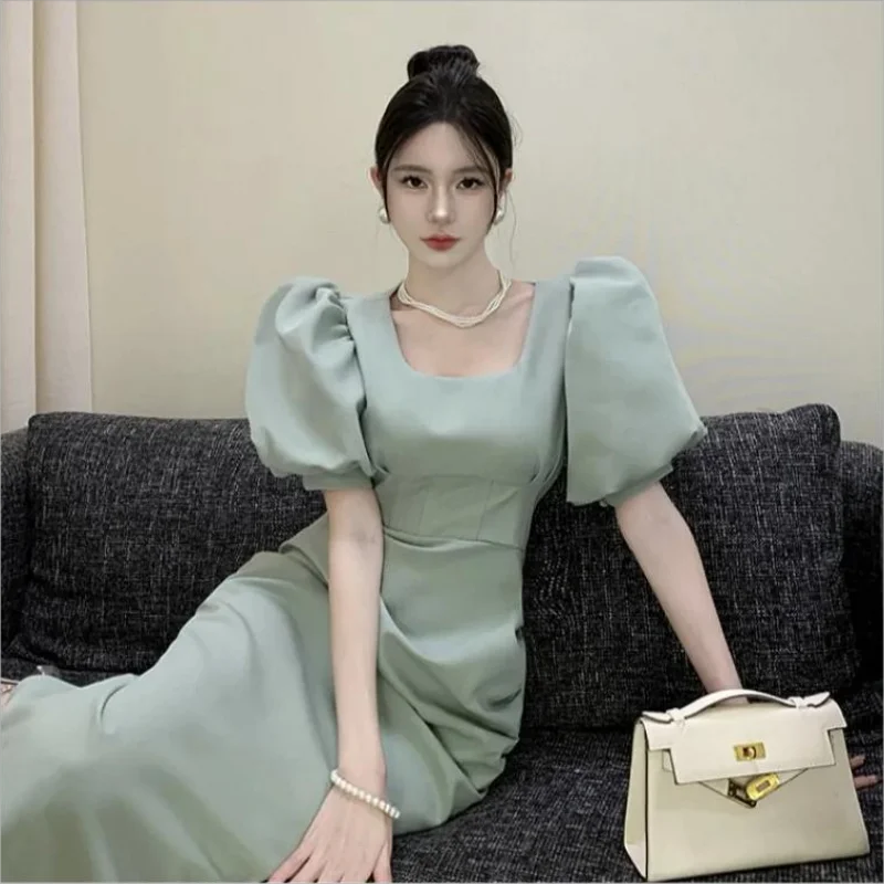 ผู้หญิงที่สง่างามสแควร์คอปกชุดแฟชั่นฤดูร้อนสีเขียวพัฟแขนสุภาพสตรีสํานักงานB Odyconแยกชุดยาว