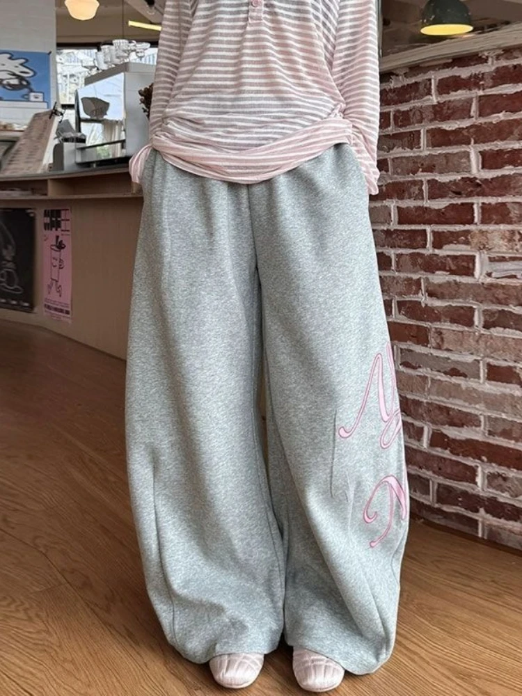 

HOUZHOU Casual Gray Letter Print Sweatpants Women Wide Leg Joggers Classic Pants Oversized Sports Streetwear Trousers All-match