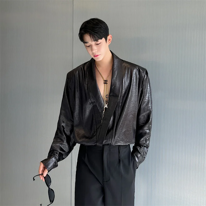 

Liquid Glossy Bright Face Men's Leather Shirt Jacket Large V-neck Stylish Street Korean Version Handsome Shirt Standard Fit L...
