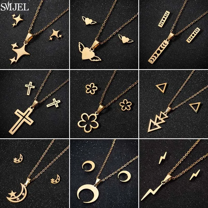 Edelstahl-Schmuckset, minimalistischer Stern, Mond, Kreuz, Blume, Halskette, Ohrringe für Frauen, geometrischer Schmuck, Accessoires 2025,