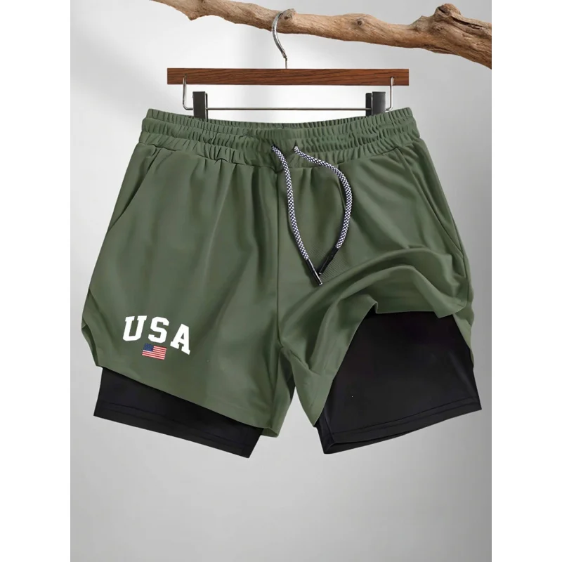 

New USA Running Shorts Men Gym Sports Shorts 2 In 1 Quick Drying Workout Training Gym Fitness Jogging Short Pants Summer