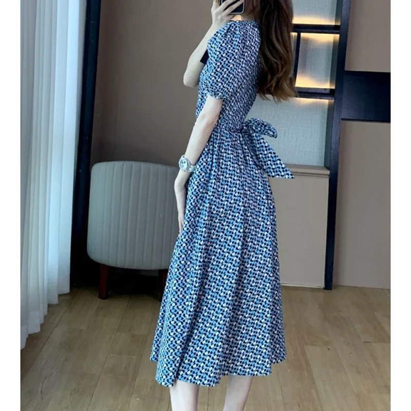 Casual Fashion Printing Button Bow Belt Dresses Summer 2023 New Short Puff Sleeve V-Neck Loose Tunic Midi Dress Women\'s Clothing