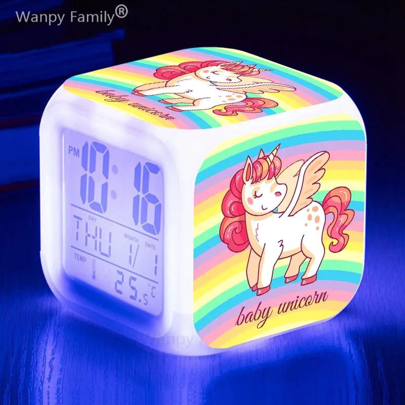 7 Color Changing Cartoon Unicorn LED Digital Alarm Clock Boys Girls Gifts Children Bedroom Portable Desk Clock with Thermometer