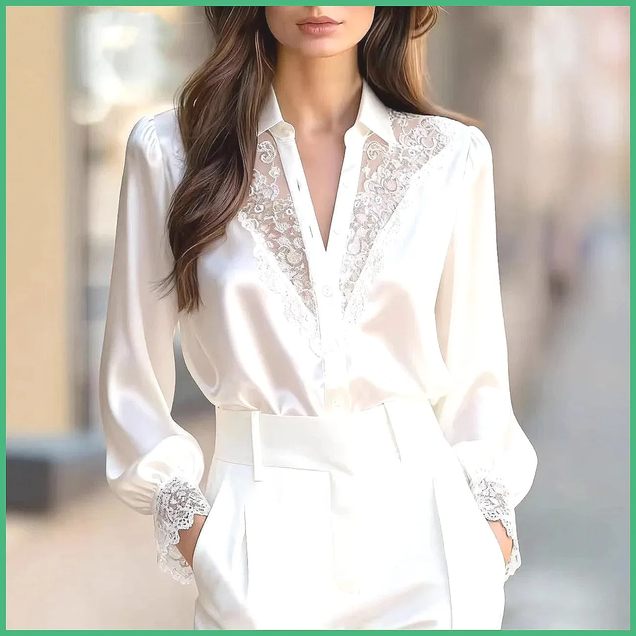 

2026 New Lace V-Neck Blouse with Bubble Sleeves, Elegant Spring Autumn Long Sleeve Shirt, Polyester Spandex