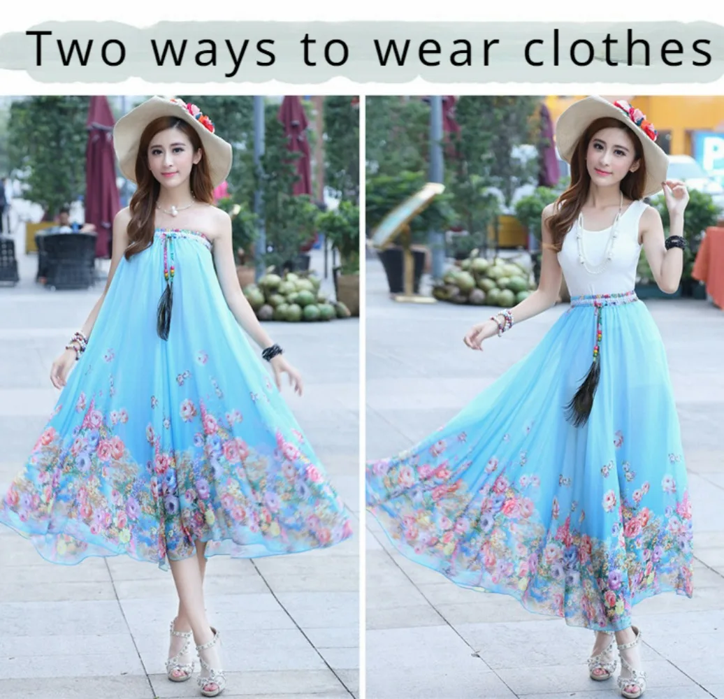 2024 Summer New Printed Chiffon Long Skirt for Women High Waisted Elastic A-Line Large Swing Beach Skirt