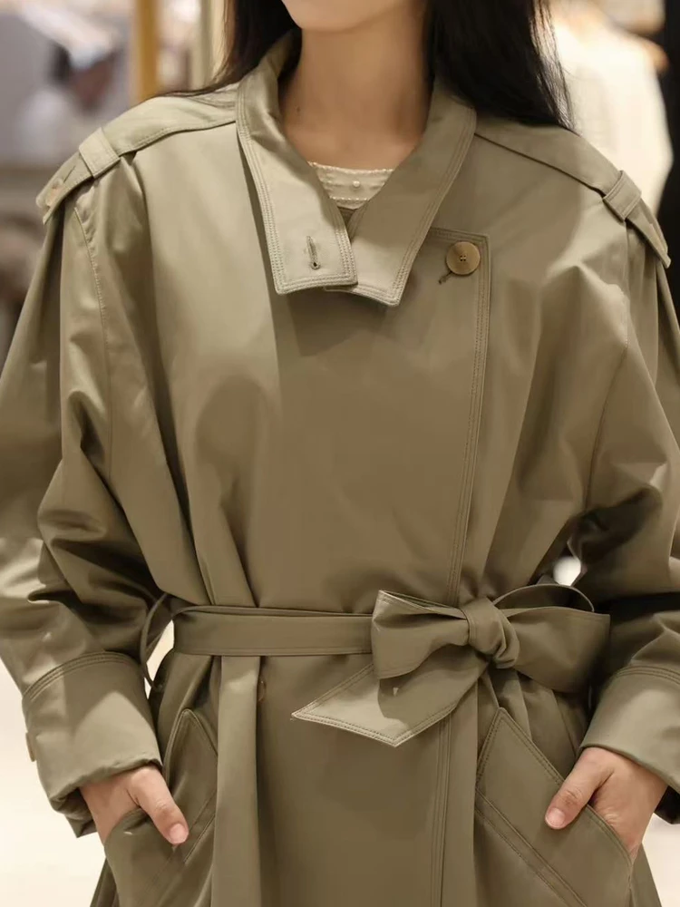 

Busin Commute Pure Color No-iron Mid-Length Women's Coat Stand Collar Double-breasted Waist Belted Long Sve Cotton Poly...