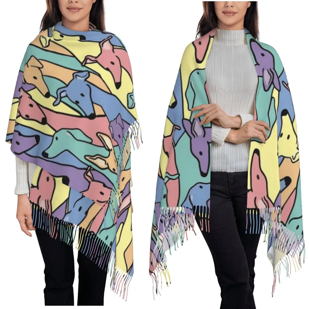 

Beautiful Greyhound Whippet Dog Semaphore Scarf Tassel Scarves Women Soft Warm Shawls and Wraps Long Fall Winter Shawl Wrap