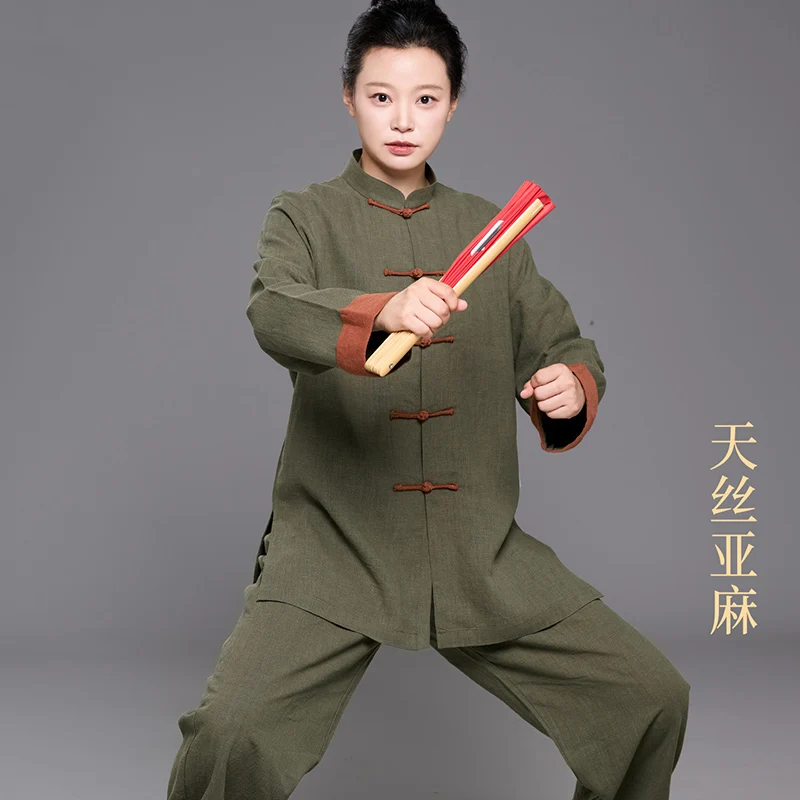 2026 New High-end Linen Tai Chi Uniform - Upgraded Chinese Style with Contrast Color Matching for Ba Duan Jin Practice