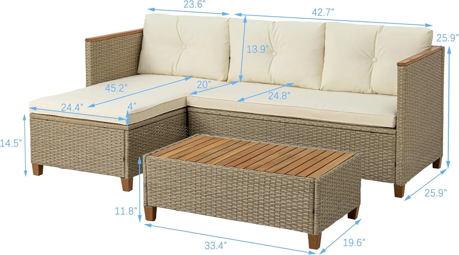 Patio Furniture Set 3 Piece Outdoor Sectional Sofa Couch All Weather Rattan Wicker Conversation Set w/ Acacia Wood Coffee Table