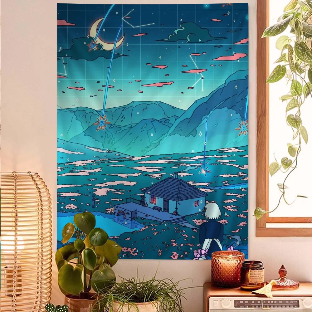 Aesthetic Neon City Night Moon Art Tapestry – Japanese Anime-Style Printing, to Enhance Home Decor & Room Atmosphere