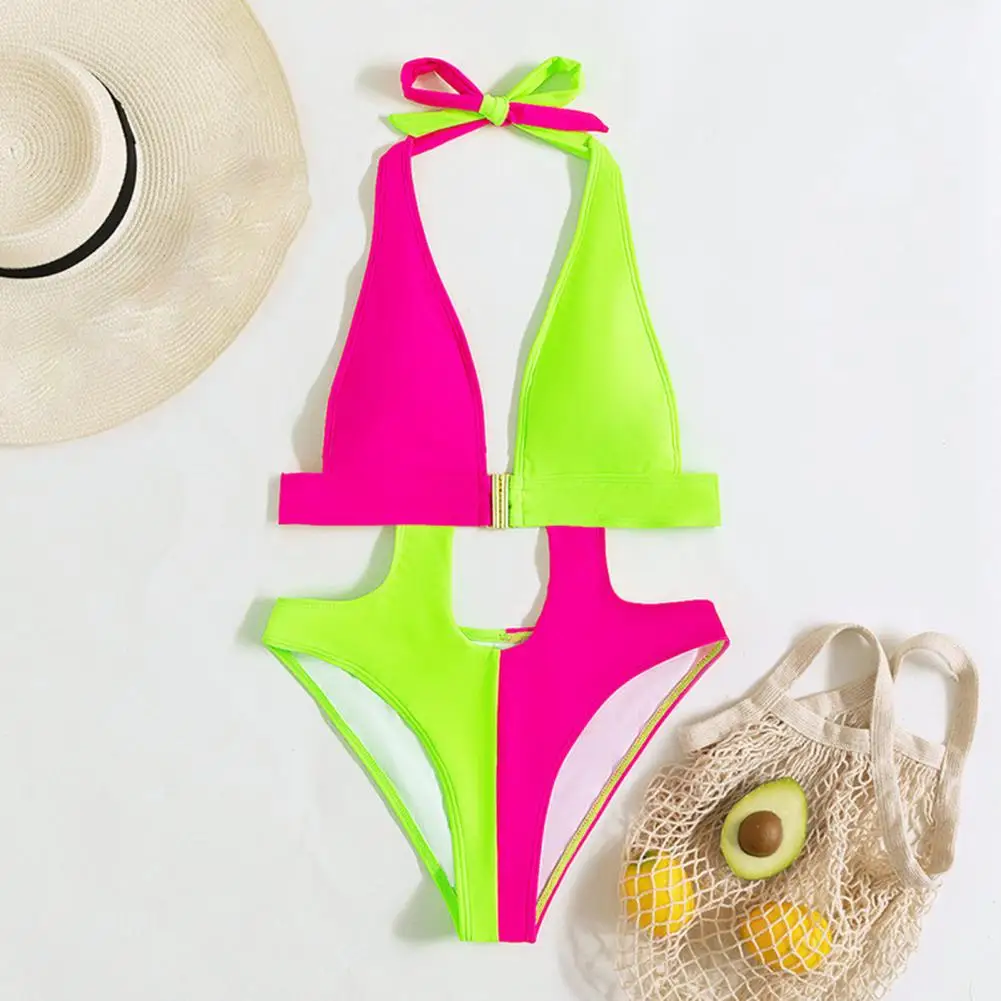 Women Monokini Contrast Colors Padded Halter Neck Patchwork Wireless Swimming Suit Bathers trajes de baño mujer 2022