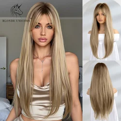 Blonde Unicorn Natural Long Straight Synthetic Hair Wigs Dark Root Ombre Blonde Brown for White Black Women Heat Resistant Fiber