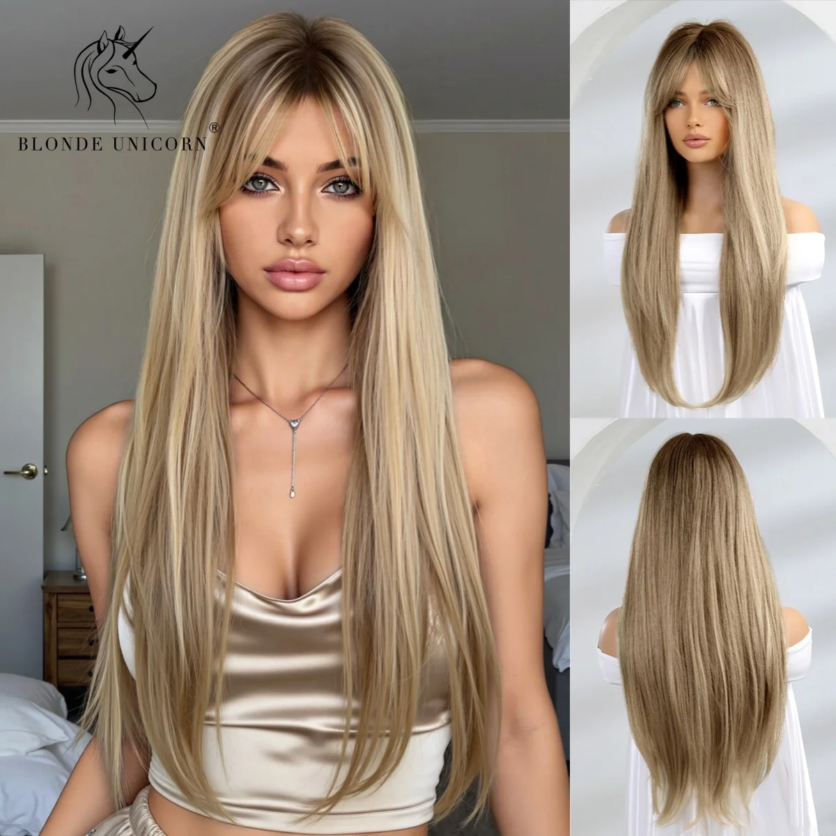 Blonde Unicorn Natural Long Straight Synthetic Hair Wigs Dark Root Ombre Blonde Brown for White Black Women Heat Resistant Fiber