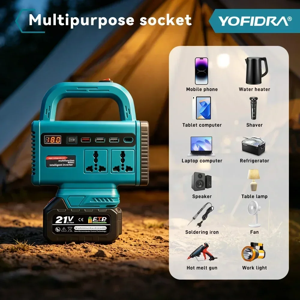 YOFIDRA Tragbarer Wechselrichter 110V/220V Tragbarer Generator für Outdoor-Camping Notstromversorgung für Makita 21V Akku – Detail 9