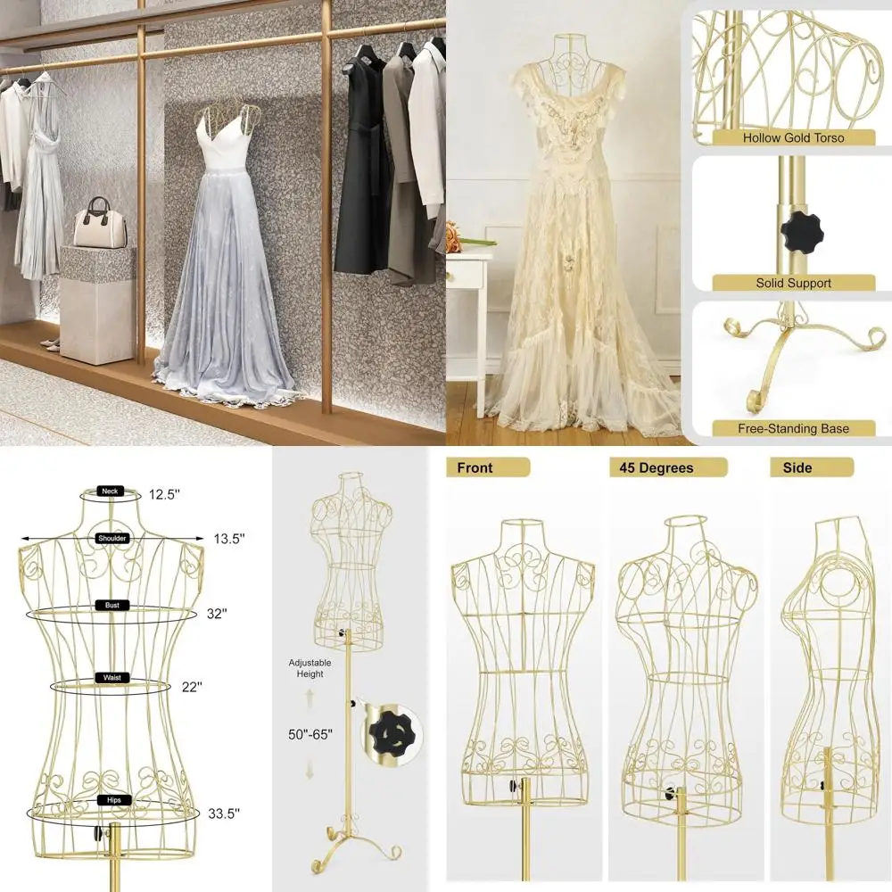 

Adjustable Height Female Dress Form with Metal Stand, Gold