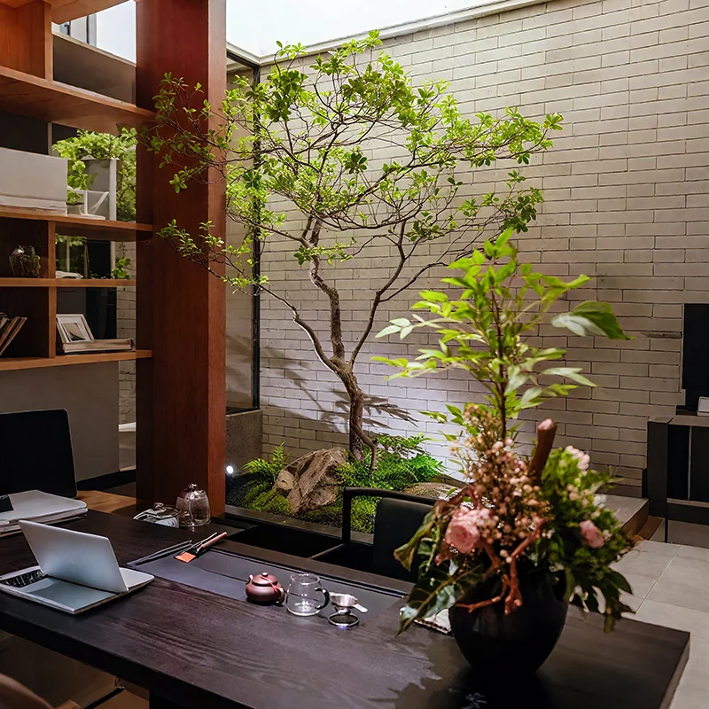 Horse drunken wood window landscape landscaping indoor aisle corner large fake green plant decorative tree