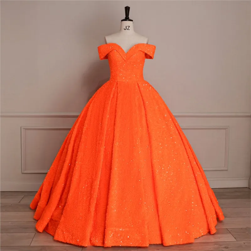 

Orange toasting dreamy sequined puffy banquet performance dress