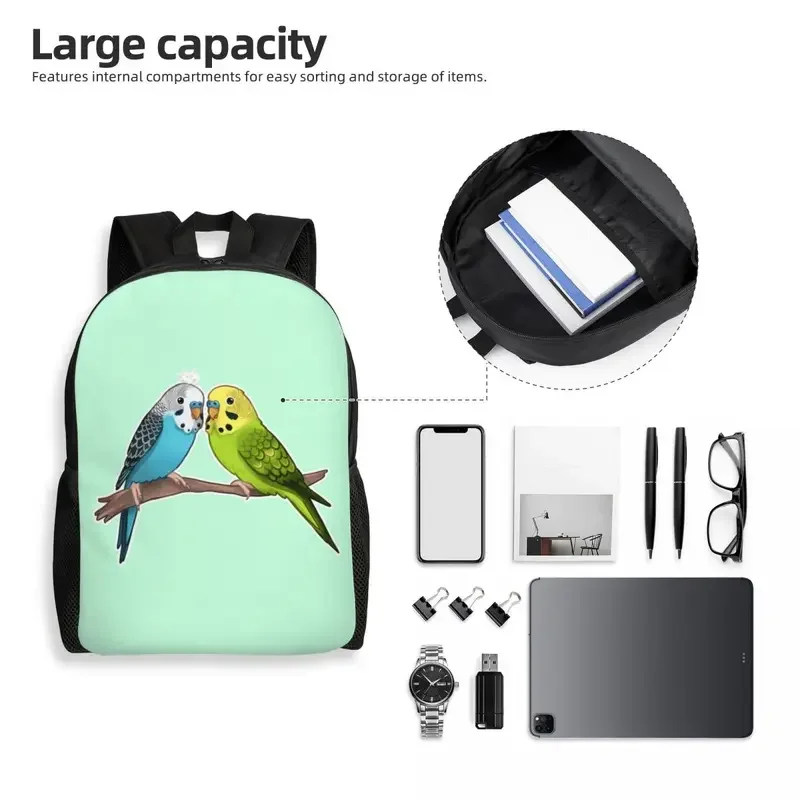 Cute Budgie Birds Mochilas para meninos e meninas, 3D Print, Papagaio, Escola, Faculdade, Bolsas de viagem, Mulheres, Homens, Bookbag Fits, 15 Polegada Laptop