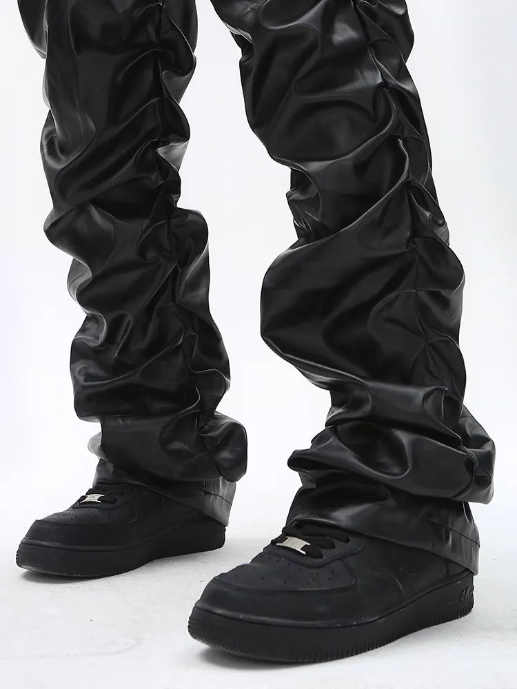 

Slim Fit Punk k Sle Pleated PU Leather Pants for Men Youth Casual Straight Leg Pants Faionable Slimming Long Trousers