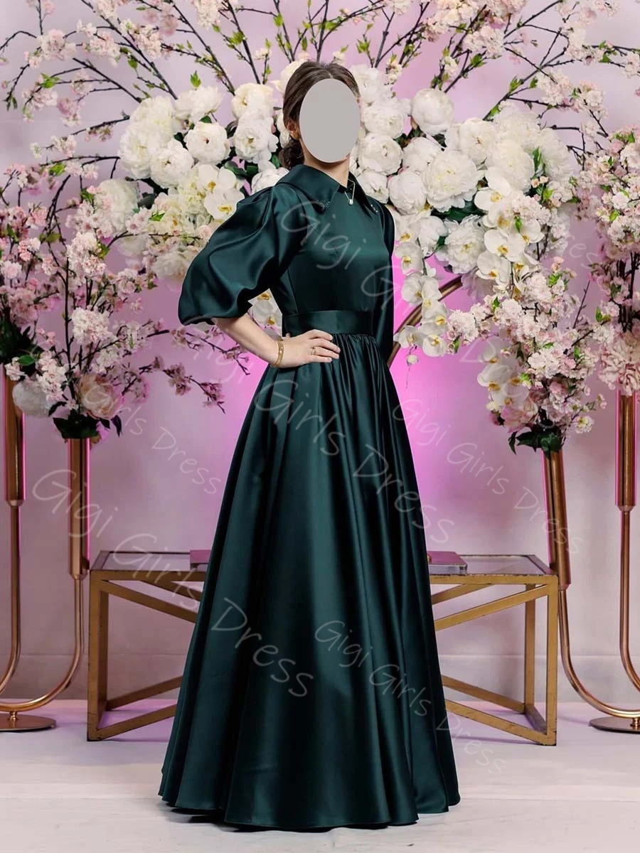 ชุดเดรสทรงเอไลน์สำหรับเพื่อนเจ้าสาว คอปกเสื้อ แขนทรงบอลลูน ชุดงานแต่งงาน ชุดราตรี ชุดออกงานยาว ชุดแม็กซี่  รับตัดตามสั่ง